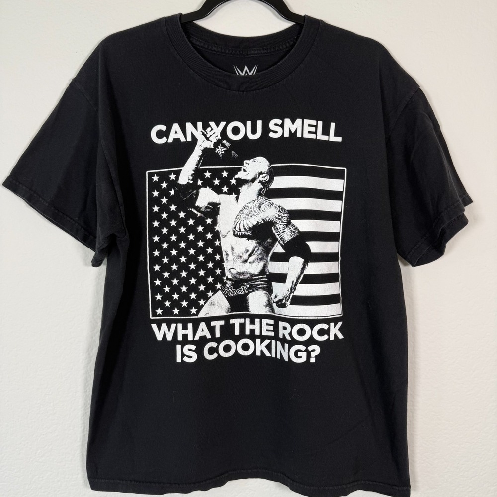 WWE The Rock American Flag Shirt Mens XL Black Graphic Tee Wrestling Cooking